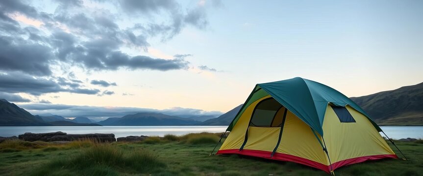 Lough Inagh camping tent, Connemara mountains backdrop Scenic Irish lakeside landscape, peaceful, reflection
