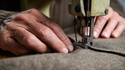 Close-up view of aged hands operating a vintage sewing machine.