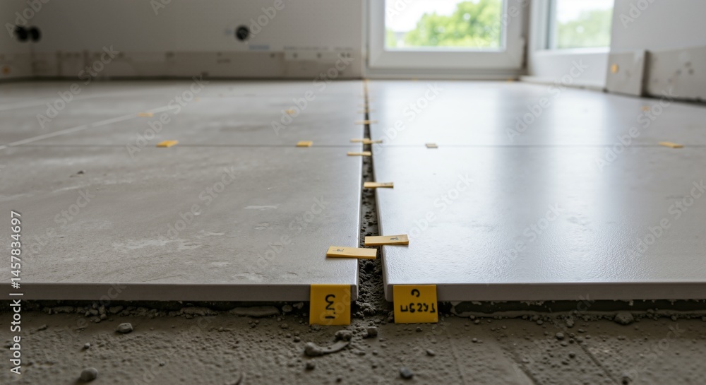 Aufkleber close-up view of large format floor tiles being installed indoors, showing the use of yellow levelin