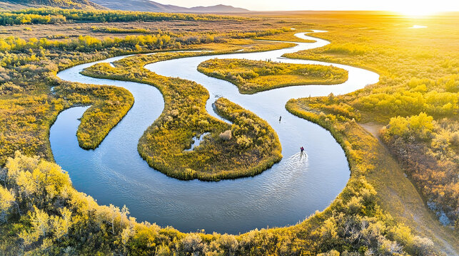 Golden Hour River Bend: Stand-Up Paddleboarder Navigating Serene - Powered by Adobe