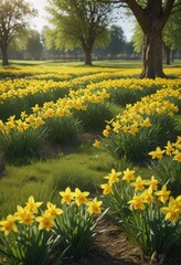 Obraz premium Sunlit daffodil field, vibrant yellow blooms, lush green grass, flowers, closeup, wild