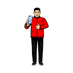 a man in a red jacket stands showing a cell phone screen in his right hand vector illustration