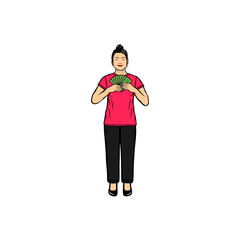 woman standing holding money against her chest vector illustration