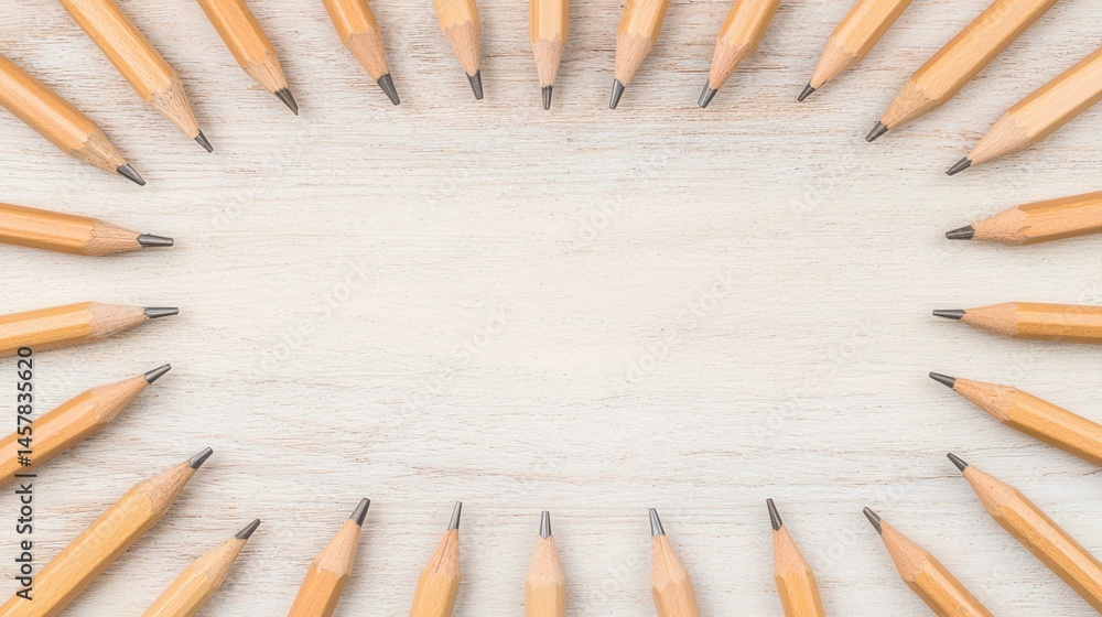 Aufkleber sharpened pencils arranged in a neat oval pattern on a light wooden surface with empty space in the 