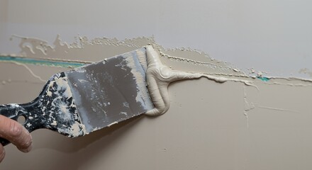 A hand uses a metal putty knife to apply white joint compound along a seam on a beige wall during a home repair or renovation project.