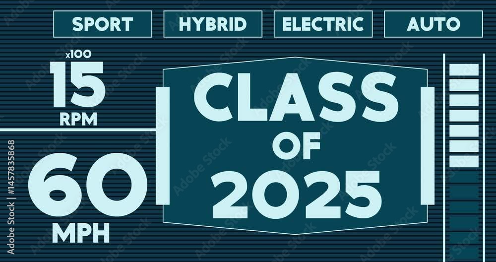 Poster futuristic car dashboard with class of 2025 text. digital graphical user interface animation.