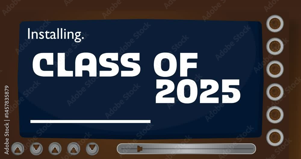 Poster Cartoon Computer With the word Class of 2025. Video message of a screen displaying an installation window.