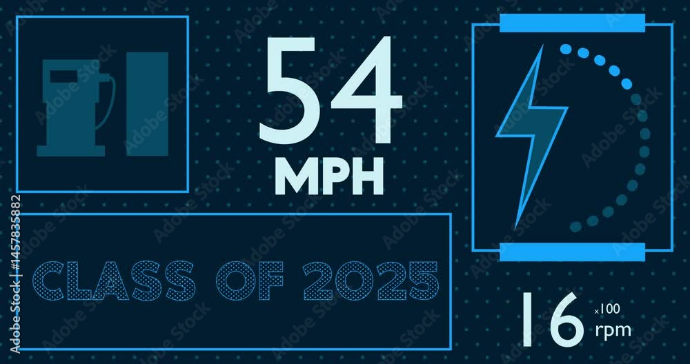 Poster futuristic car dashboard with class of 2025 text. digital graphical user interface animation.