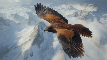 Majestic Flight: A golden eagle soars effortlessly above the snowy peaks, its wings gracefully outstretched, showcasing the raw power and freedom of nature. 