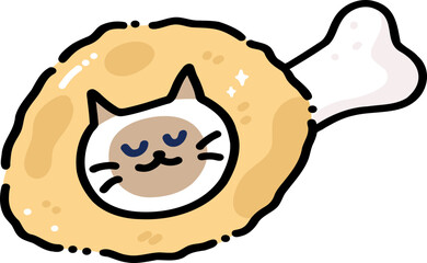 Cute Siamese Cat with Chicken Fried - Kawaii Food Illustration