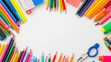 Colorful school supplies frame on white background