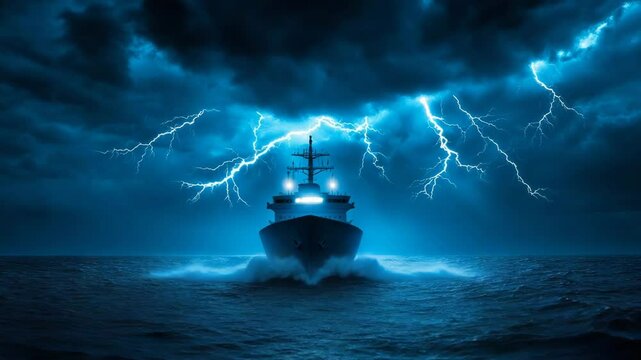 A large ship navigates rough ocean waves under a dramatic sky illuminated by vivid lightning strikes.
