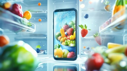 Fresh fruit display on cellphone in refrigerator
