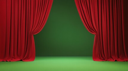 Red velvet curtains on green background theater stage drape
