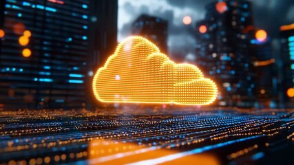 A glowing digital cloud icon hovers above a futuristic cityscape filled with vibrant lights and data streams. - Powered by Adobe