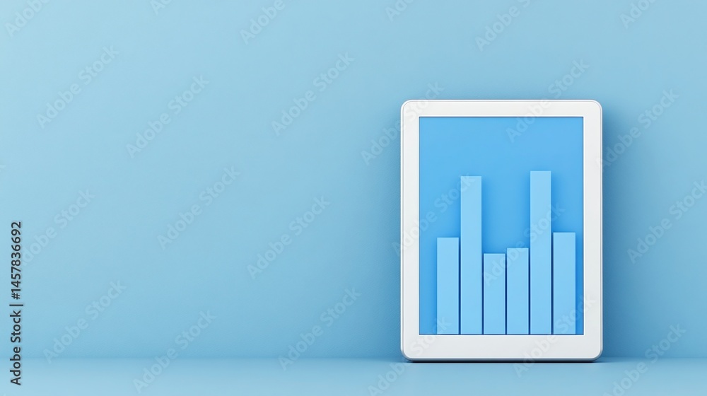 Poster a digital tablet displays a blue bar chart against a minimal blue background, emphasizing data and a