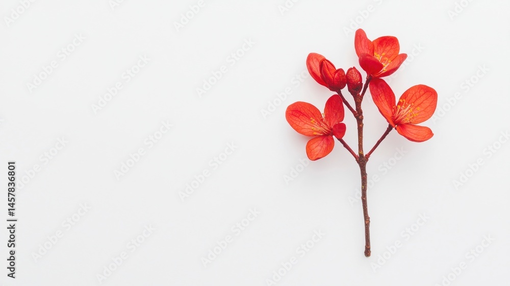 Poster minimalist image of a single red flower branch with several petals on a white background.