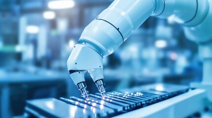 Robotic arm assembling parts in modern factory