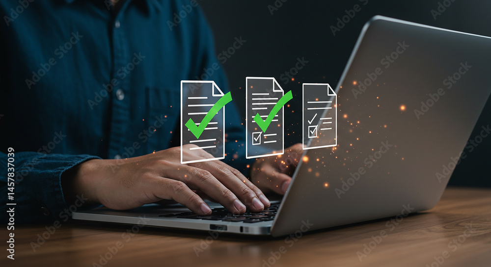 Poster person typing on laptop with digital document checklist overlay and green checkmarks displayed above