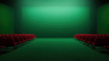 Empty red chairs facing green screen minimalist studio interior