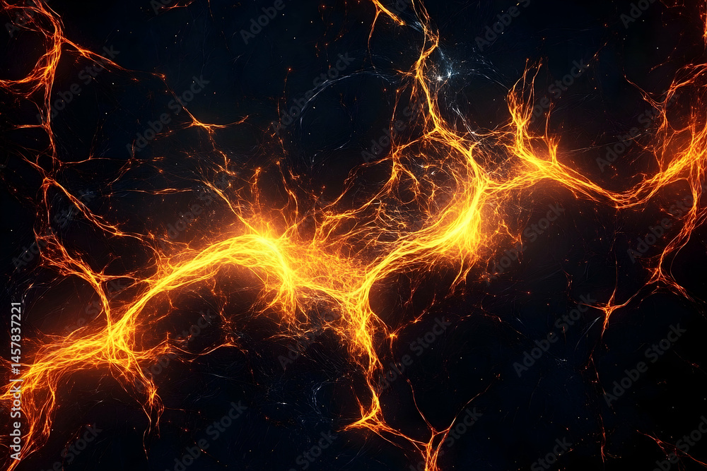 Poster intricate network of glowing orange lines on a dark backdrop.