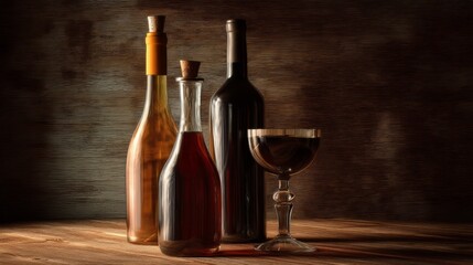 Three wine bottles and a glass on a wooden table, a timeless still life of warmth and elegance
