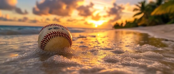 Baseball on beach at sunset golden hour sports image