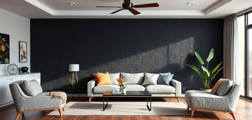 Modern cozy living room interior mockup, black textured wall, empty space, interior design,  living room interior