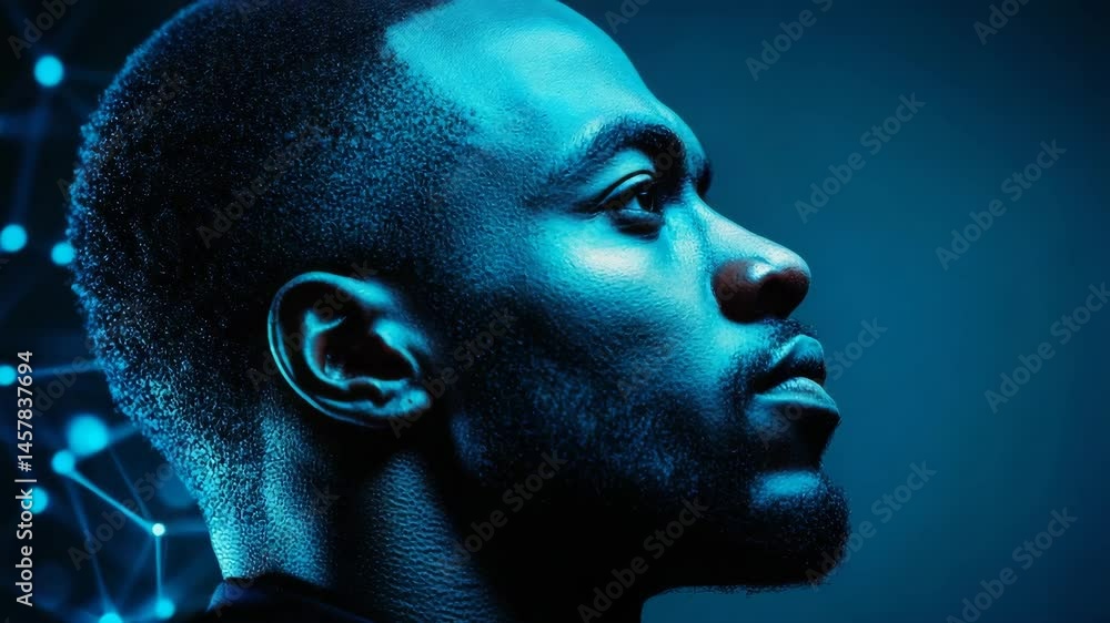 Poster a man’s face in profile illuminated by blue light, with a digital network pattern in the background.
