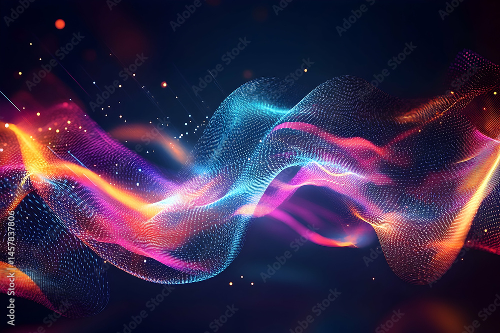Poster dynamic abstract design of vibrant particles flowing in space.