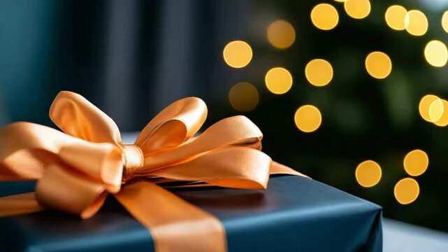 A beautifully wrapped gift box with a golden ribbon sits in front of blurred festive lights, evoking a celebratory atmosphere.