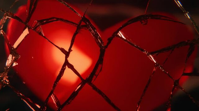 A glowing red heart is seen through shattered glass, symbolizing heartbreak or emotional pain.