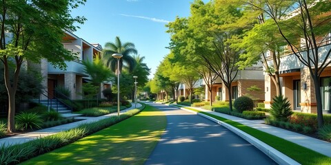 Fototapeta premium Modern eco-friendly residential avenue with ample green space, contemporary, landscaping