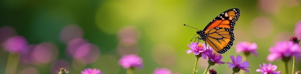 Fototapeta premium Vibrant monarch butterfly nectaring on bright purple wildflowers, nature, close-up