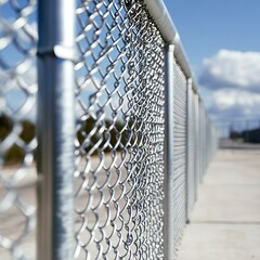 Close-up of a shiny metal chain-link fence in bright daylight, showcasing its texture and details.