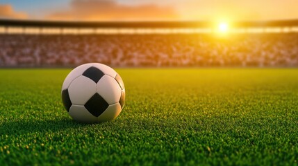 Soccer ball on field at sunset in stadium