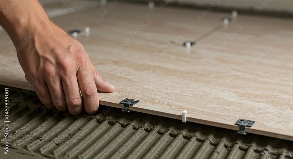 Poster installing large format floor tiles using adhesive and leveling clips, showing a hand pressing the t