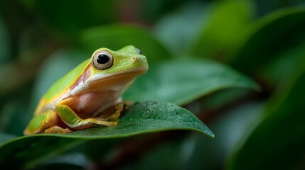Tree frog resting on a vibrant leaf, bathed in soft sunlight - nature's delicate balance in a hidden world
