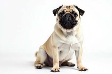 Fototapeta premium Adorable pug dog sitting, isolated on white background, dog, cute, white background