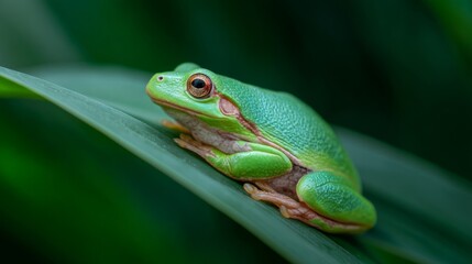 Naklejka premium Tree frog resting on a vibrant leaf, bathed in soft sunlight - nature's delicate balance in a hidden world 