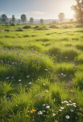 Bright green grass field, wildflowers in bloom, sunny day, design, illustration