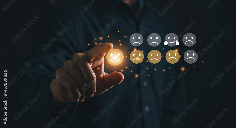 Poster a person selecting a glowing happy face icon from a row of emotion icons on a dark background scene 