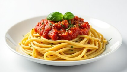 Close-up of spaghetti with tomato sauce on white , delicious, red pepper