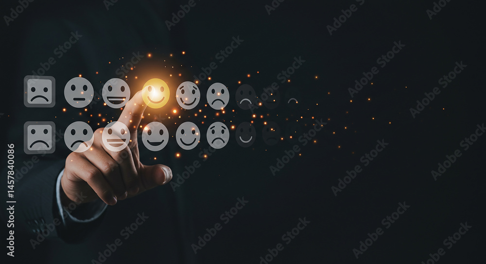 Poster hand selecting a positive smiley face icon from a row of various emotion icons on a dark background 