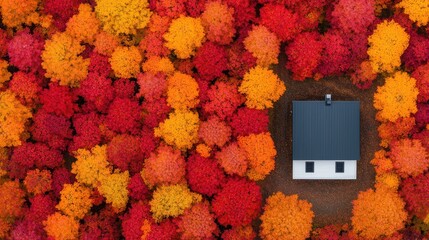 Aerial View of House Surrounded by Vibrant Autumn Foliage