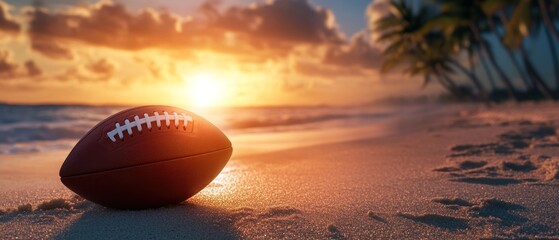 American football on tropical beach at sunset golden hour sports imagery