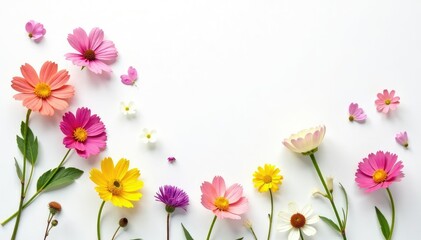 Delicate, scattered wildflowers on white background, textile, floral wallpaper, scattered flowers