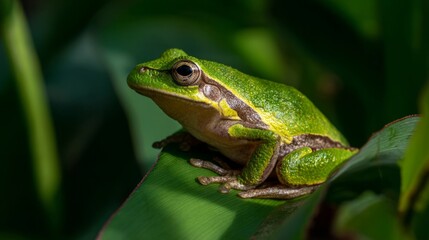 Obraz premium Tree frog resting on a vibrant leaf, bathed in soft sunlight - nature's delicate balance in a hidden world 