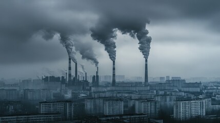 Industrial smokestacks and cityscape air pollution and environmental impact