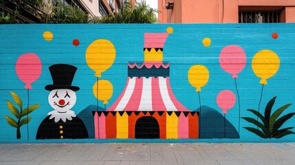 Colorful Circus Mural with Clown and Balloons on Vibrant Wall